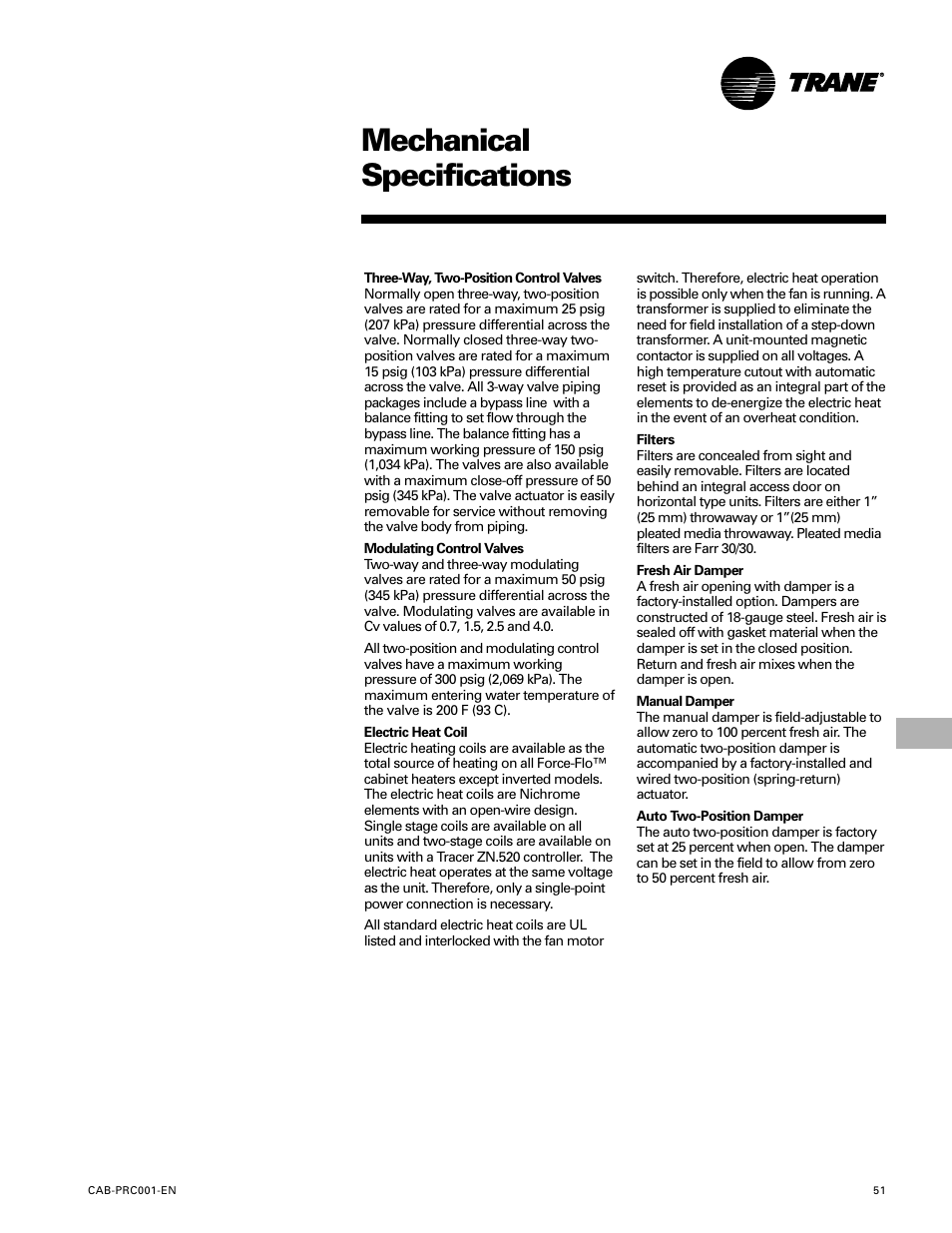 Mechanical specifications | Trane CAB-PRC001-EN User Manual | Page 51 / 56