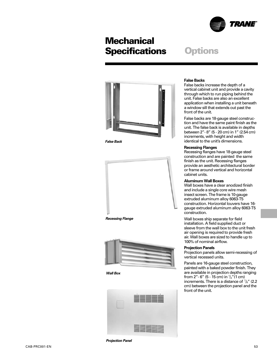 Mechanical specifications, Options | Trane CAB-PRC001-EN User Manual | Page 53 / 56