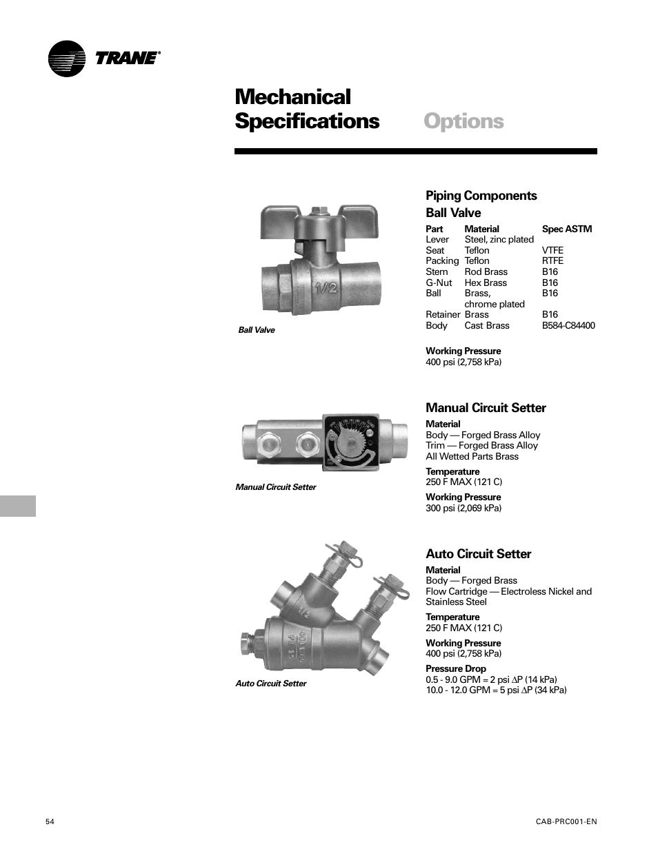 Mechanical specifications, Options | Trane CAB-PRC001-EN User Manual | Page 54 / 56