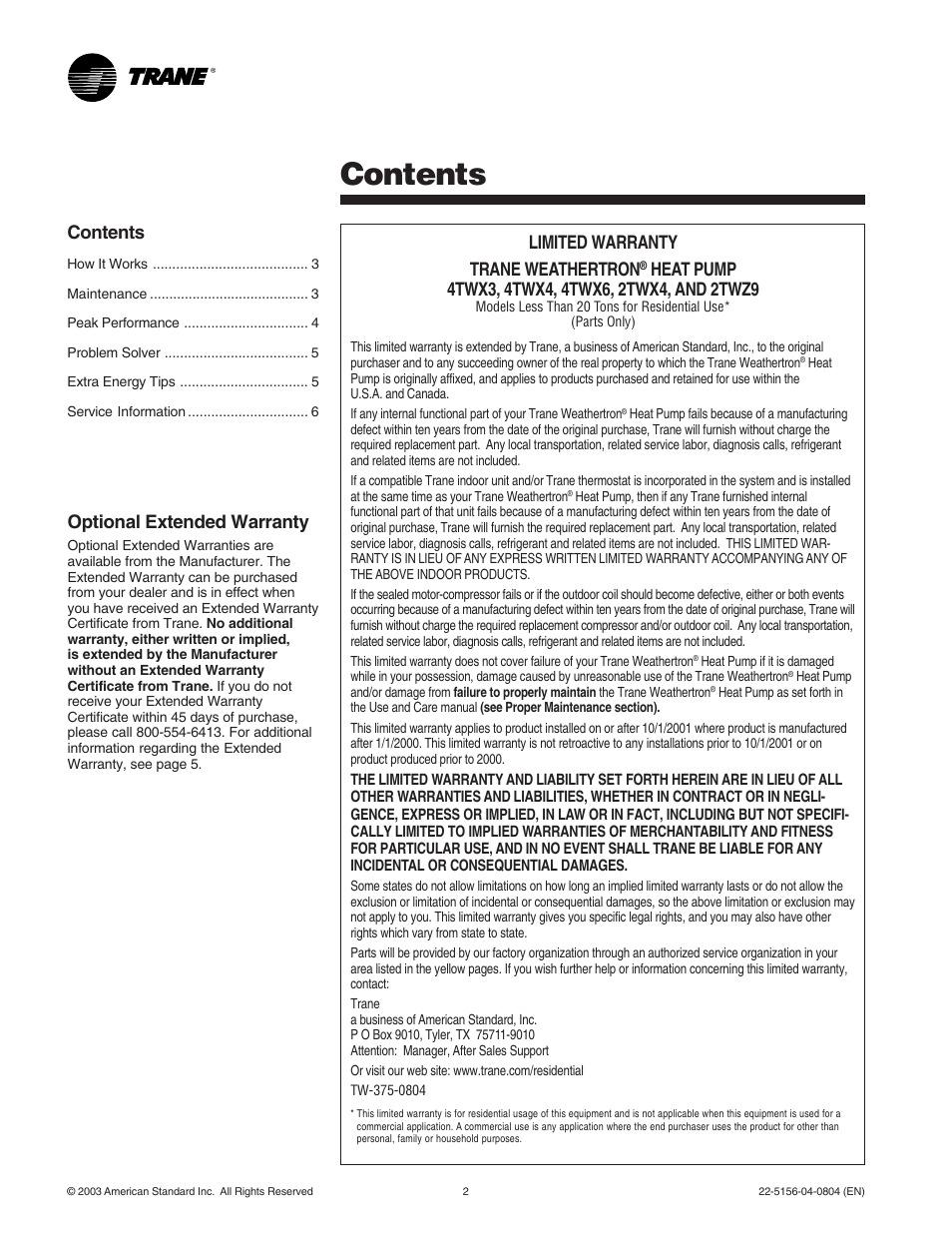 Trane WEATHERTRON 22-5156-04-0804 User Manual | Page 2 / 6