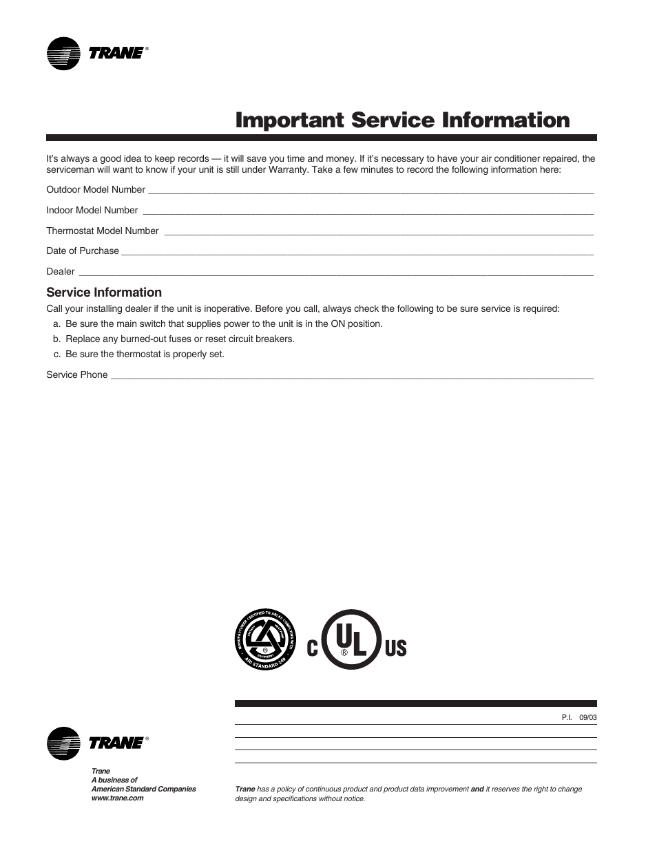 Service information, Important service information | Trane WEATHERTRON 22-5156-04-0804 User Manual | Page 6 / 6