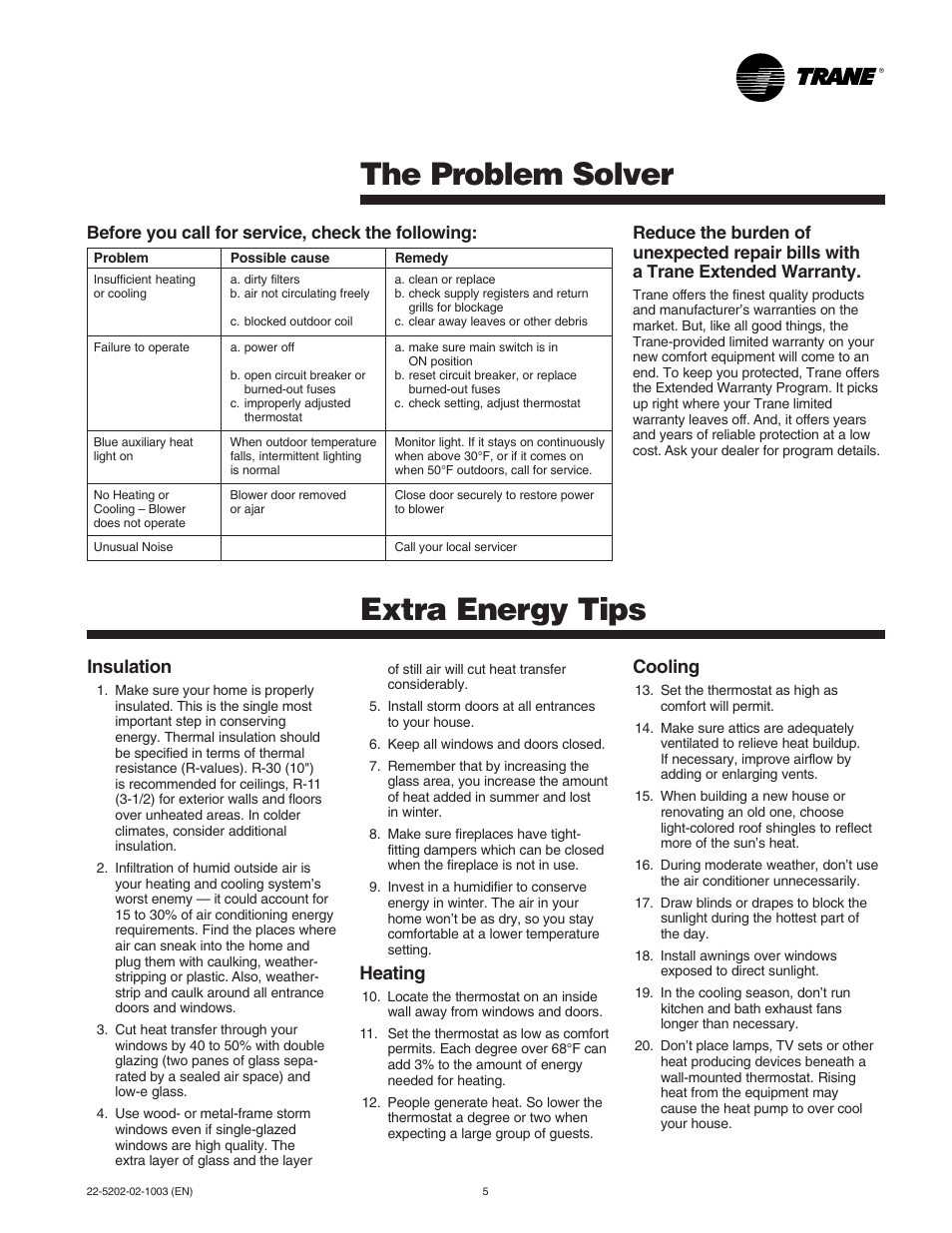 Problem solver, Extra energy tips, The problem solver extra energy tips | Insulation, Heating, Cooling | Trane 2TWB0-UM-2 User Manual | Page 5 / 6