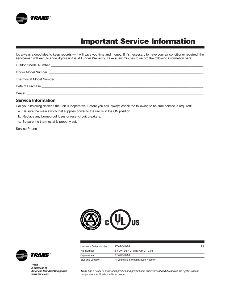 Service information, Important service information | Trane 2TWB0-UM-2 User Manual | Page 6 / 6