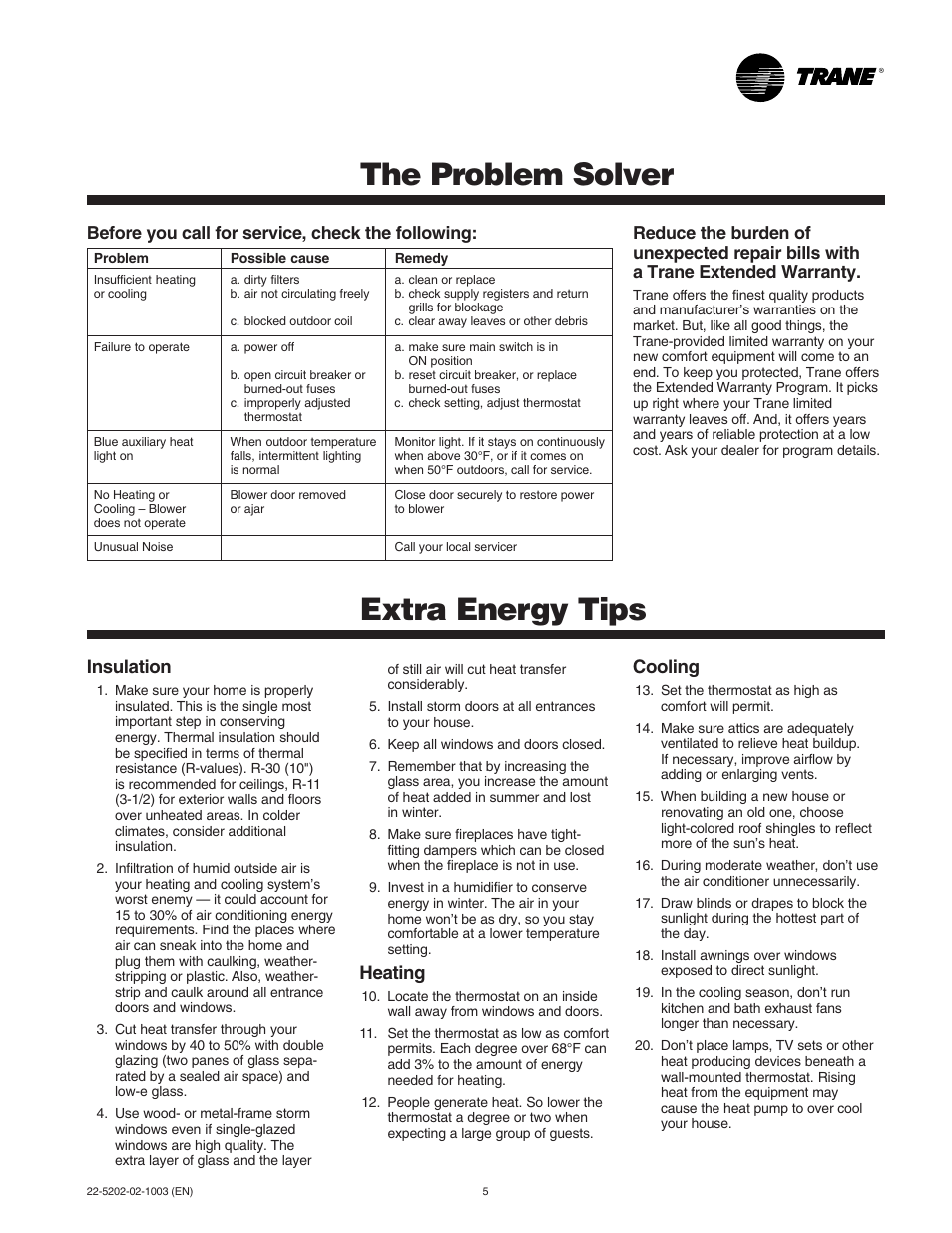 Problem solver, Extra energy tips, The problem solver extra energy tips | Insulation, Heating, Cooling | Trane 2TWB-SVU01A-EN User Manual | Page 5 / 6