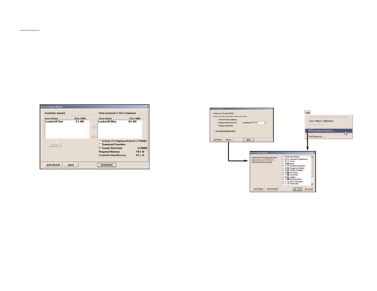Data download, Poi download options, Trip transfer | TravRoute Pocket PC 5 User Manual | Page 20 / 63