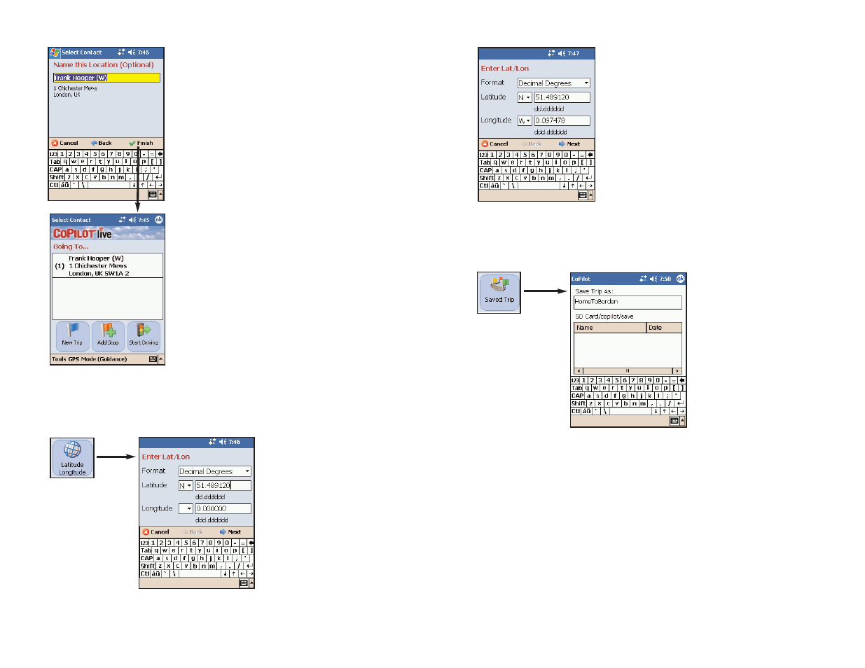 Saved trip closing copilot, Latitude/longitude | TravRoute Pocket PC 5 User Manual | Page 28 / 63