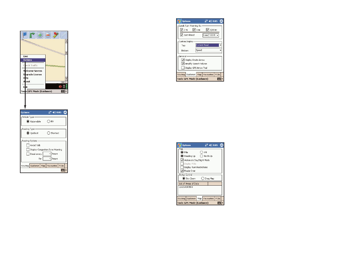 Tools menu options, Routing, Guidance | TravRoute Pocket PC 5 User Manual | Page 33 / 63