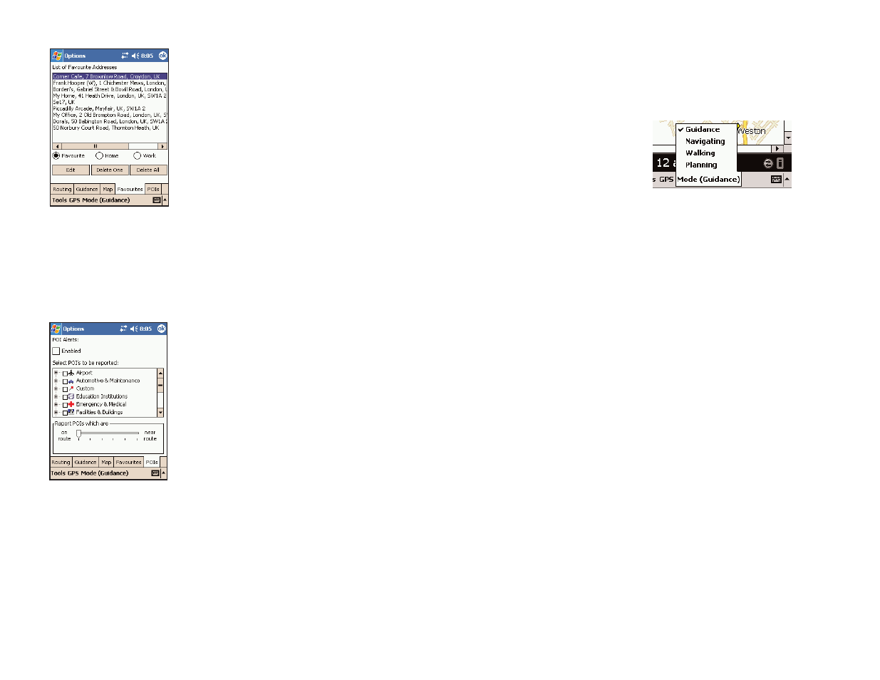 Modes menu, Favourites, Pois | Guidance mode, Navigating mode, Walking mode, Planning mode | TravRoute Pocket PC 5 User Manual | Page 34 / 63