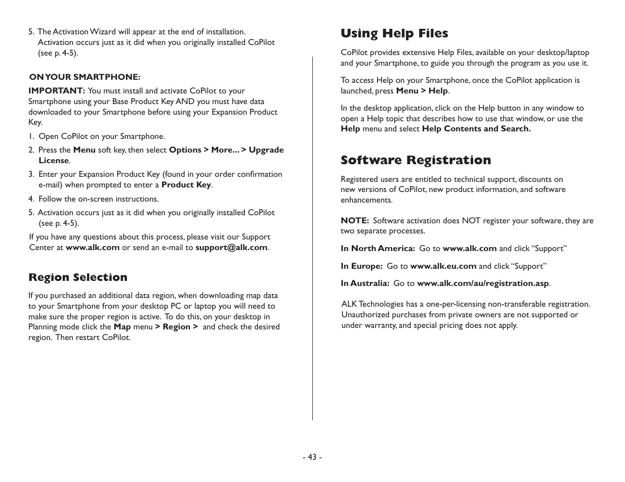 Using help files, Software registration | TravRoute CoPilot Live User Manual | Page 45 / 52