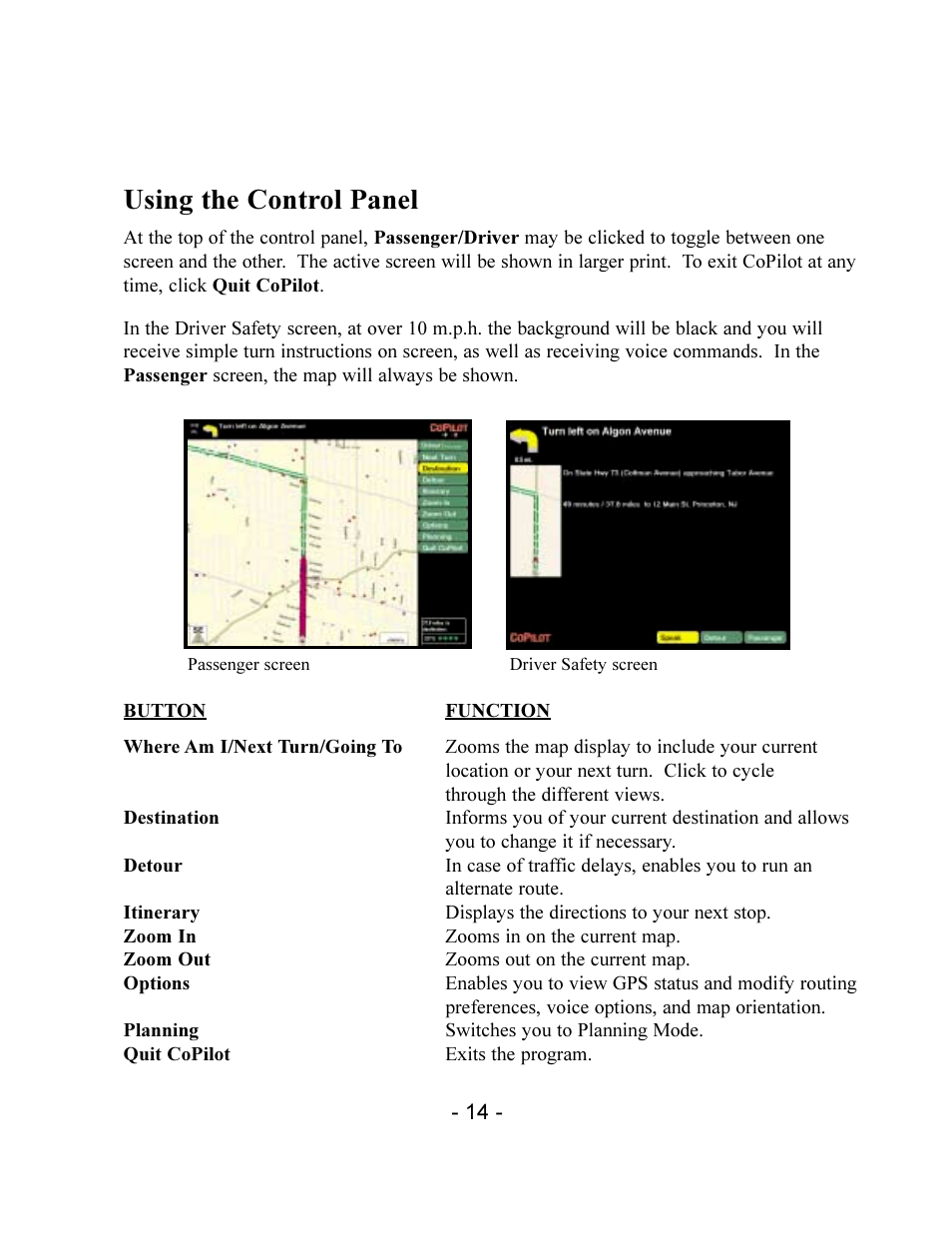 Using the control panel | TravRoute CoPilot 2002 User Manual | Page 18 / 56