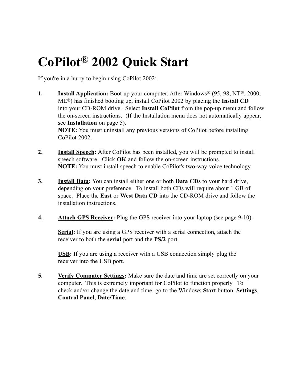 Copilot, 2002 quick start | TravRoute CoPilot 2002 User Manual | Page 2 / 56