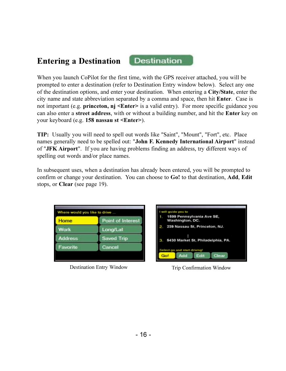 Entering a destination | TravRoute CoPilot 2002 User Manual | Page 20 / 56