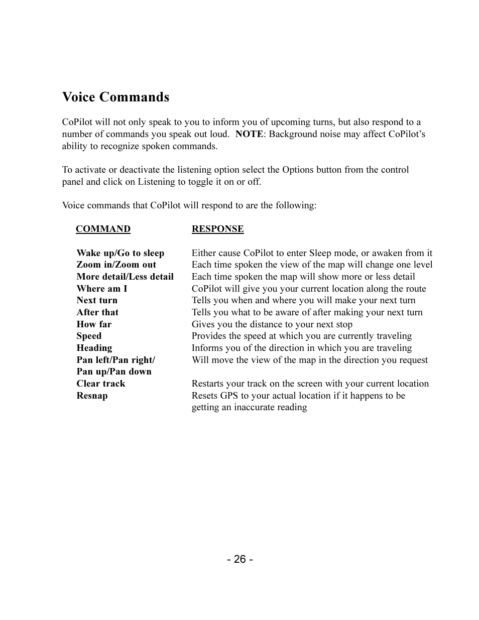 Voice commands | TravRoute CoPilot 2002 User Manual | Page 30 / 56