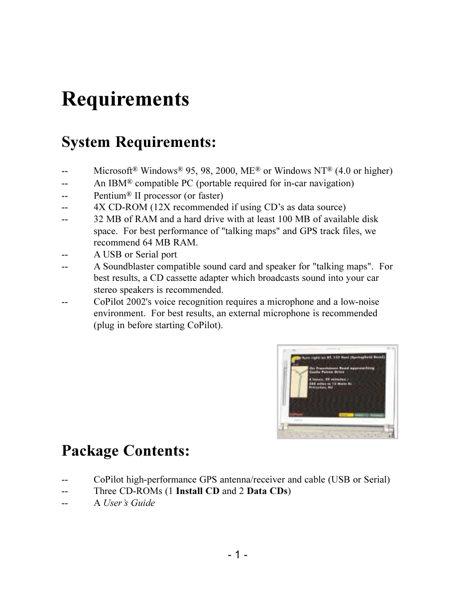 Requirements, System requirements, Package contents | TravRoute CoPilot 2002 User Manual | Page 5 / 56