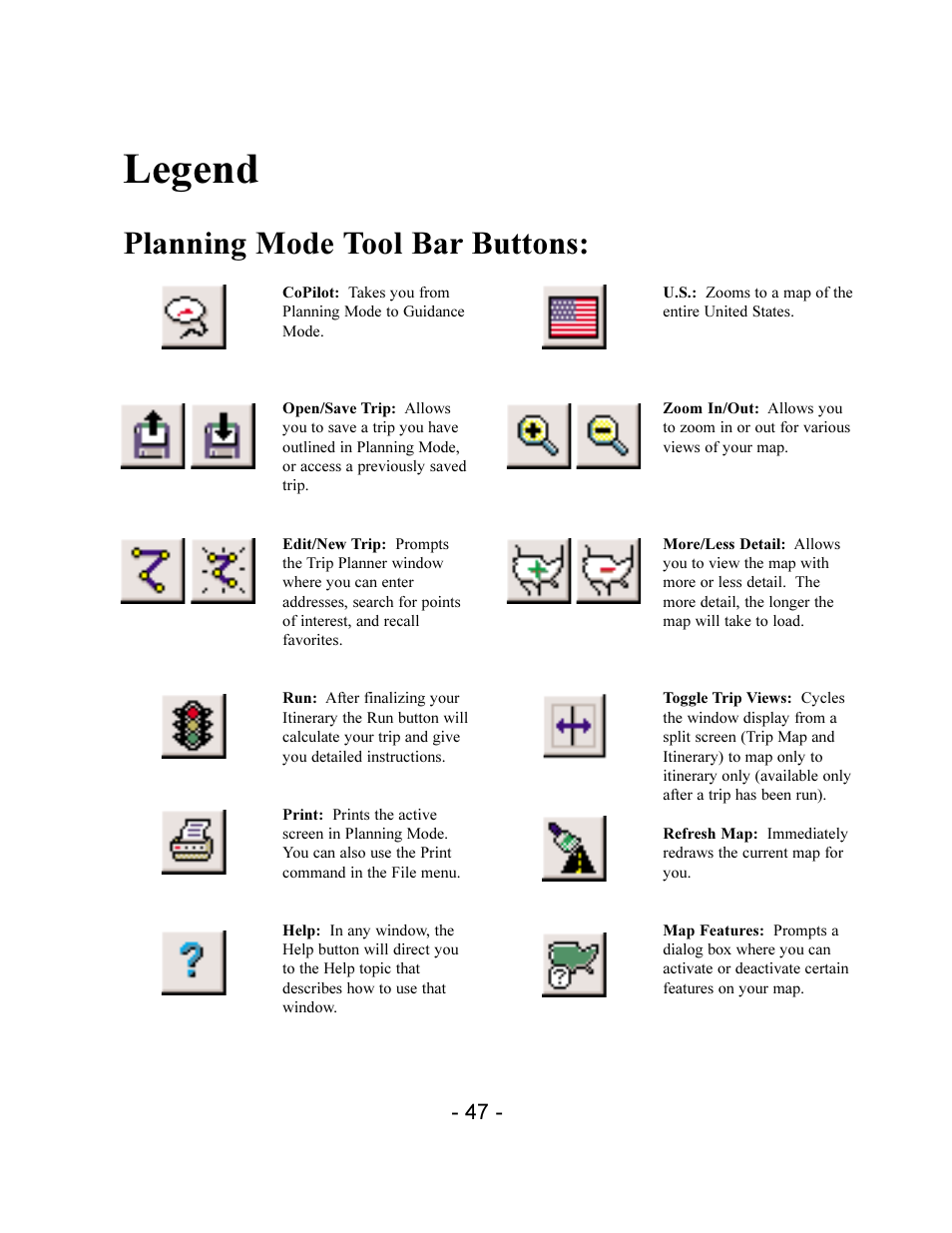 Legend, Planning mode tool bar buttons | TravRoute CoPilot 2002 User Manual | Page 51 / 56