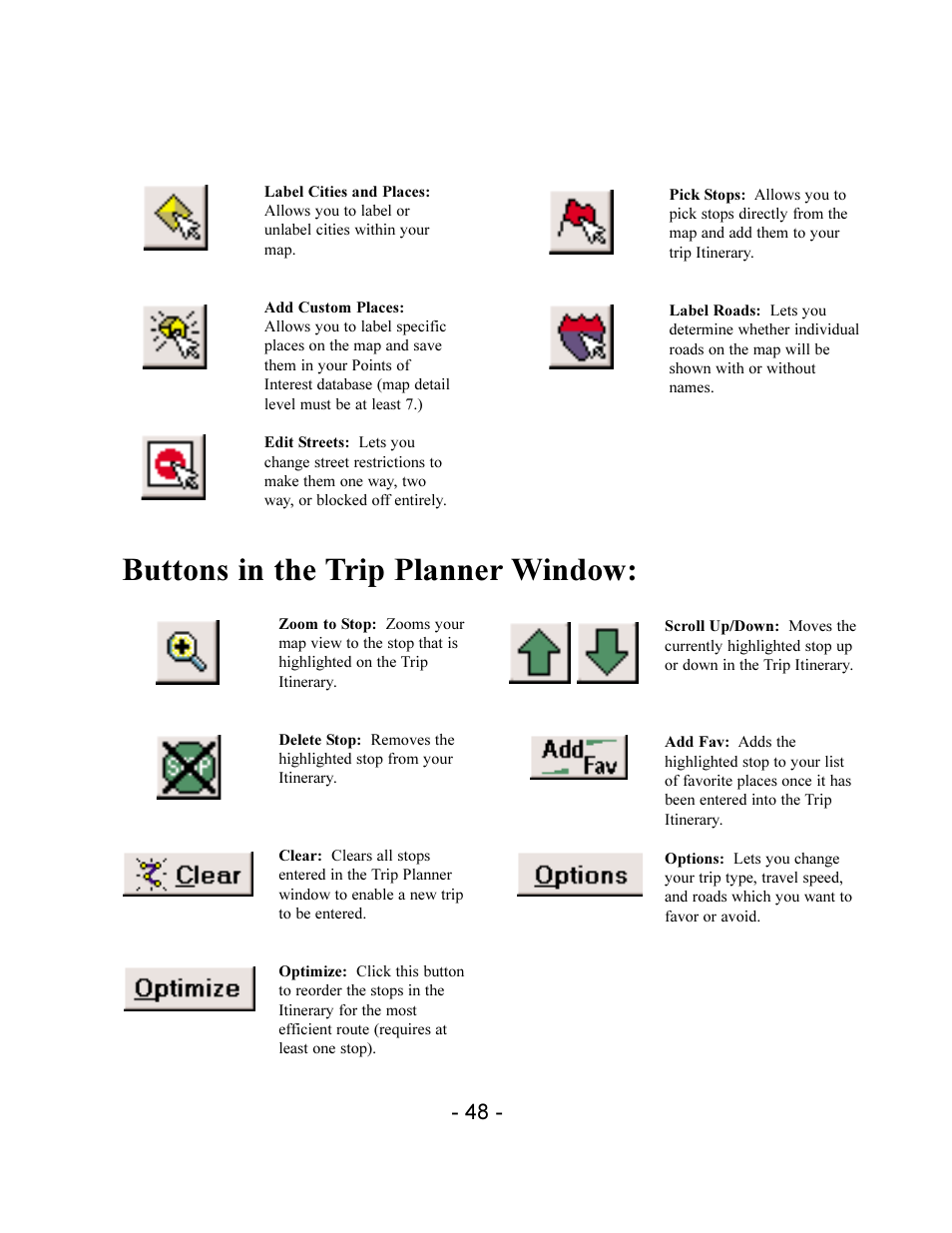 Buttons in the trip planner window | TravRoute CoPilot 2002 User Manual | Page 52 / 56