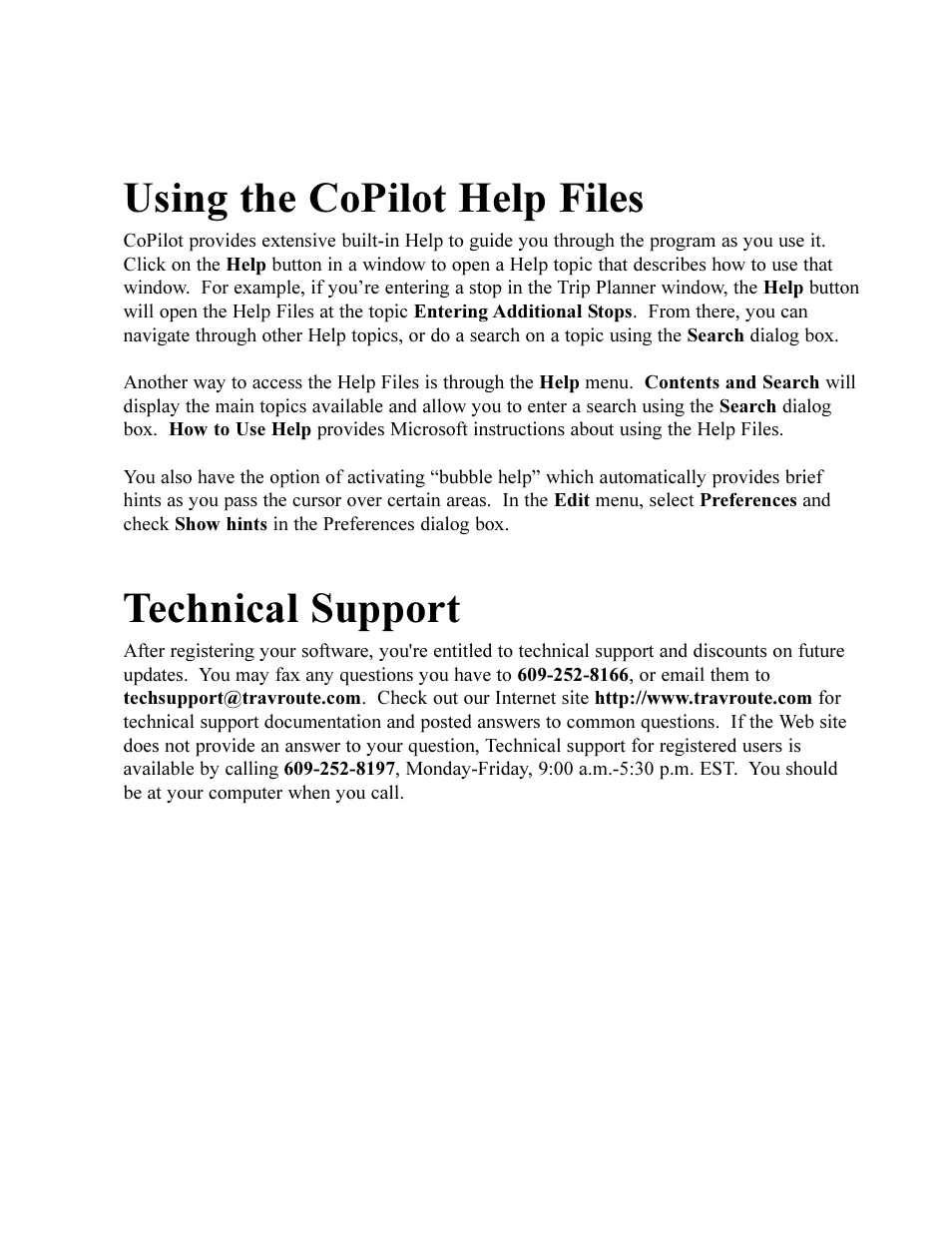 Using the copilot help files, Technical support | TravRoute CoPilot 2002 User Manual | Page 55 / 56