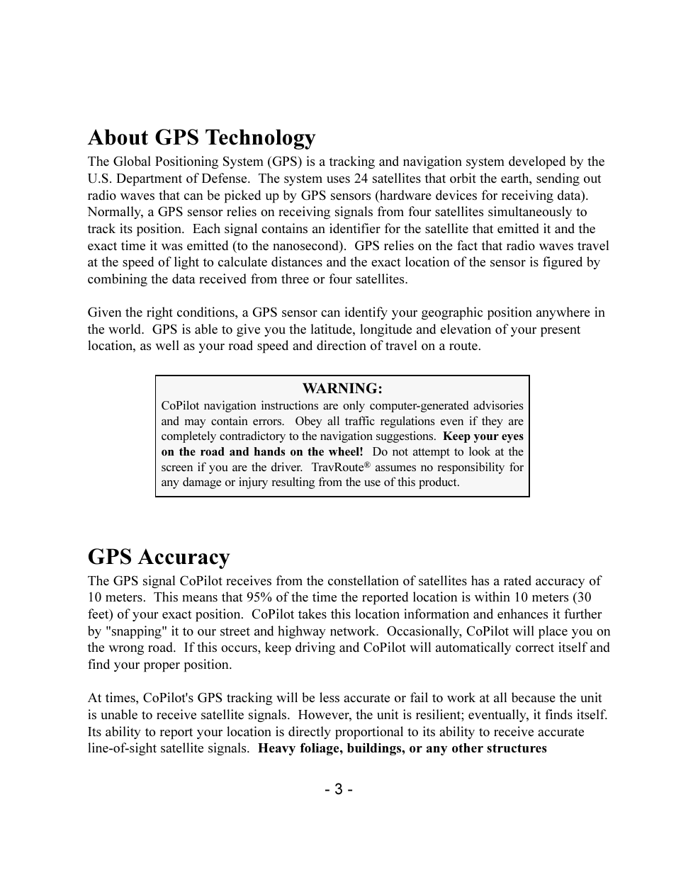 About gps technology, Gps accuracy | TravRoute CoPilot 2002 User Manual | Page 7 / 56