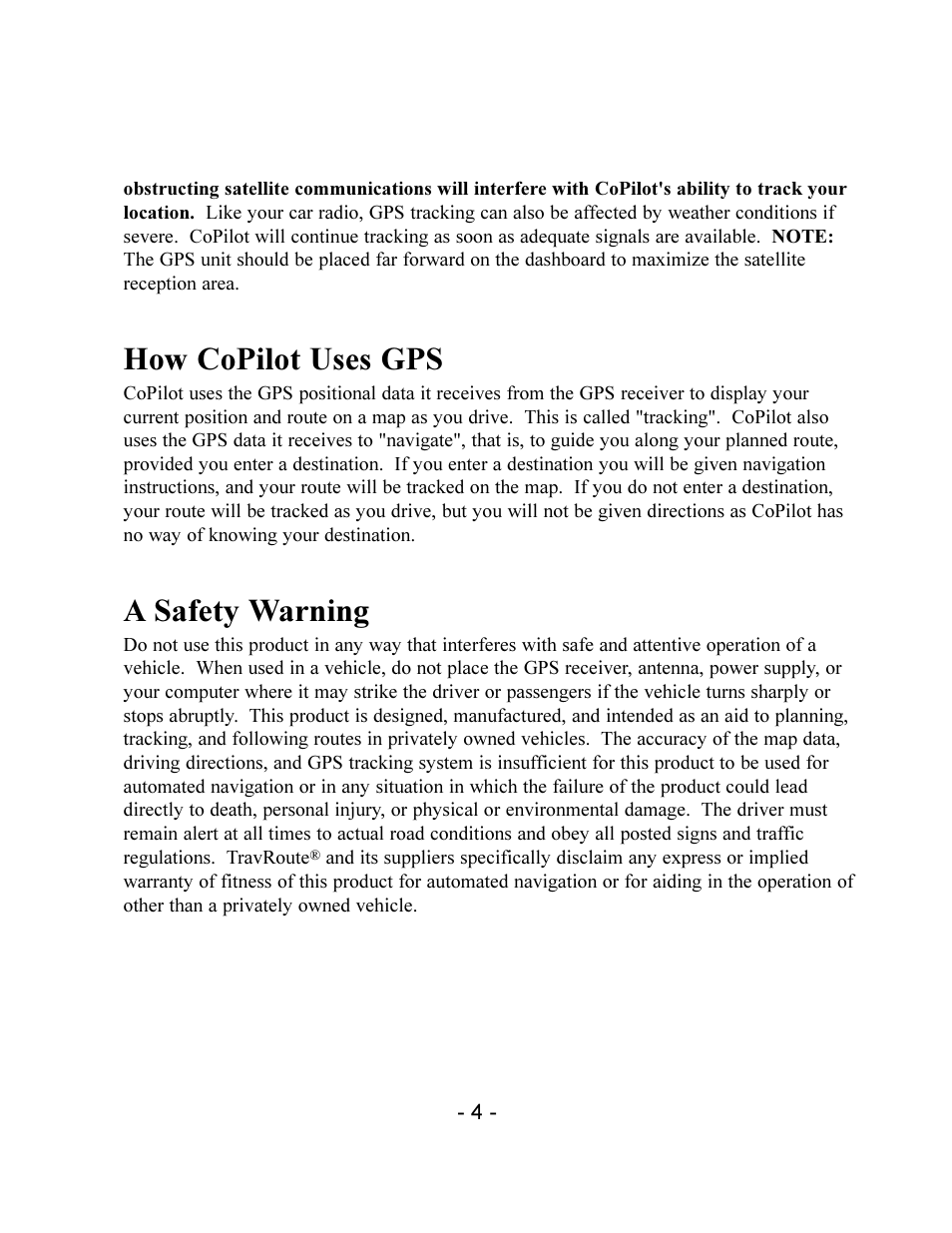 How copilot uses gps, A safety warning | TravRoute CoPilot 2002 User Manual | Page 8 / 56