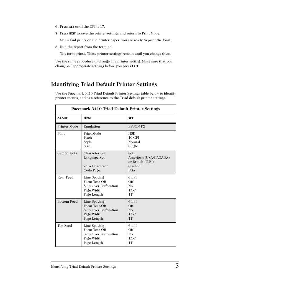 Identifying triad default printer settings | Triad Speakers 3410 User Manual | Page 7 / 9