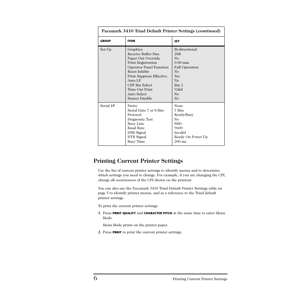 Printing current printer settings | Triad Speakers 3410 User Manual | Page 8 / 9