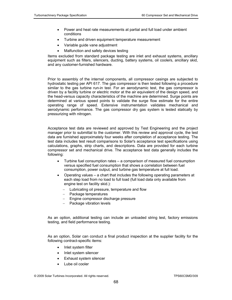 3 compressor testing (if applicable), 4 acceptance test data, 5 additional testing | 6 source inspection | Taurus Group 60 User Manual | Page 69 / 83