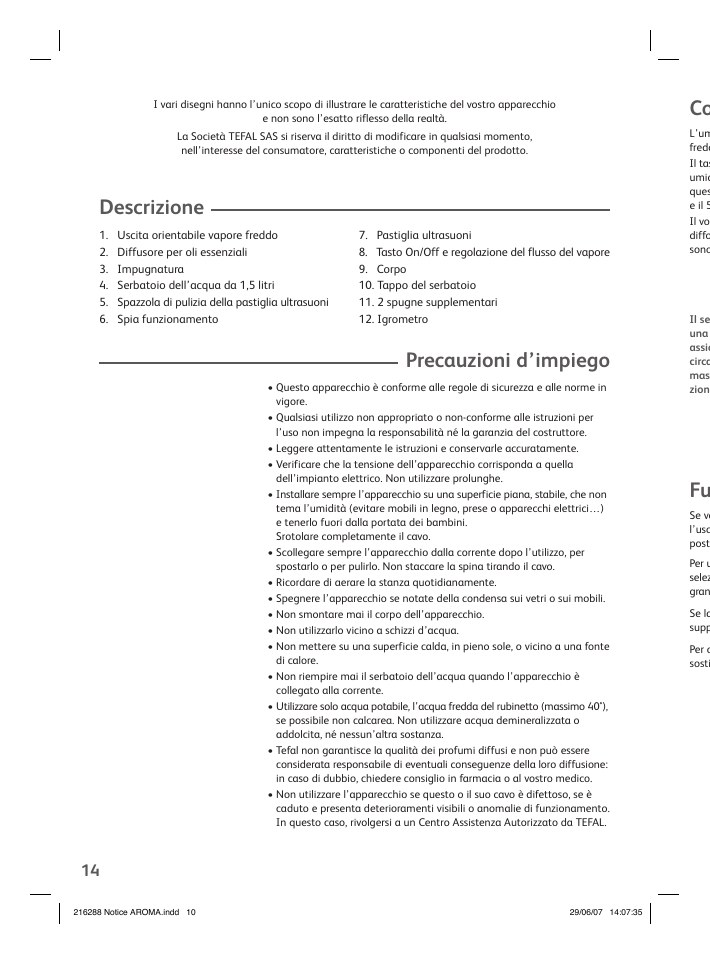 Descrizione, Precauzioni d’impiego | Groupe SEB USA - T-FAL Compact Humidifier User Manual | Page 12 / 50