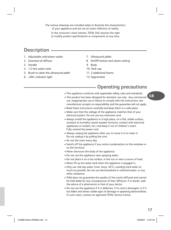 Description, Operating precautions, Gb 17 | Groupe SEB USA - T-FAL Compact Humidifier User Manual | Page 15 / 50