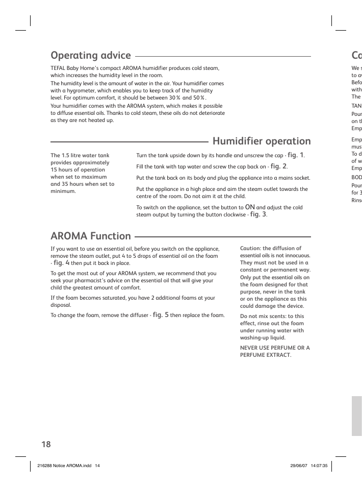 Operating advice, Humidifier operation, Aroma function | Groupe SEB USA - T-FAL Compact Humidifier User Manual | Page 16 / 50