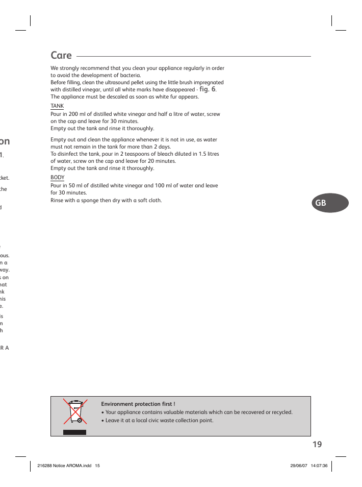 Care, 19 gb | Groupe SEB USA - T-FAL Compact Humidifier User Manual | Page 17 / 50