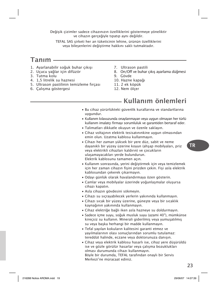 Tanım, Kullanım önlemleri, Tr 23 | Groupe SEB USA - T-FAL Compact Humidifier User Manual | Page 21 / 50