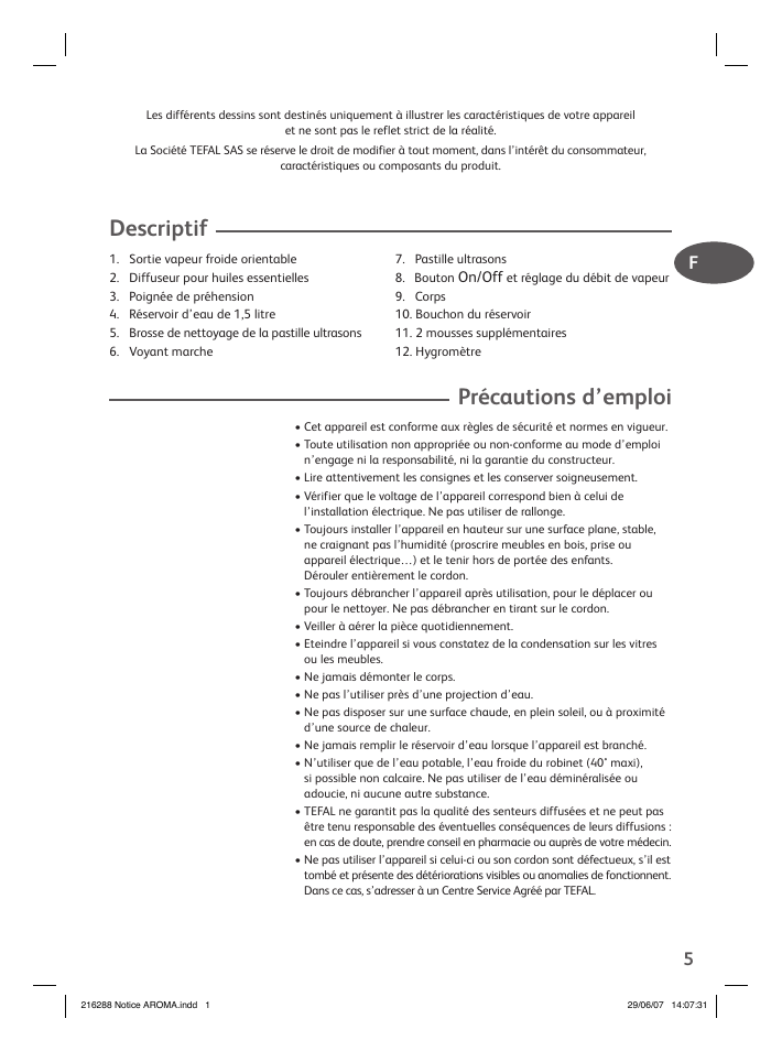 Descriptif, Précautions d’emploi | Groupe SEB USA - T-FAL Compact Humidifier User Manual | Page 3 / 50