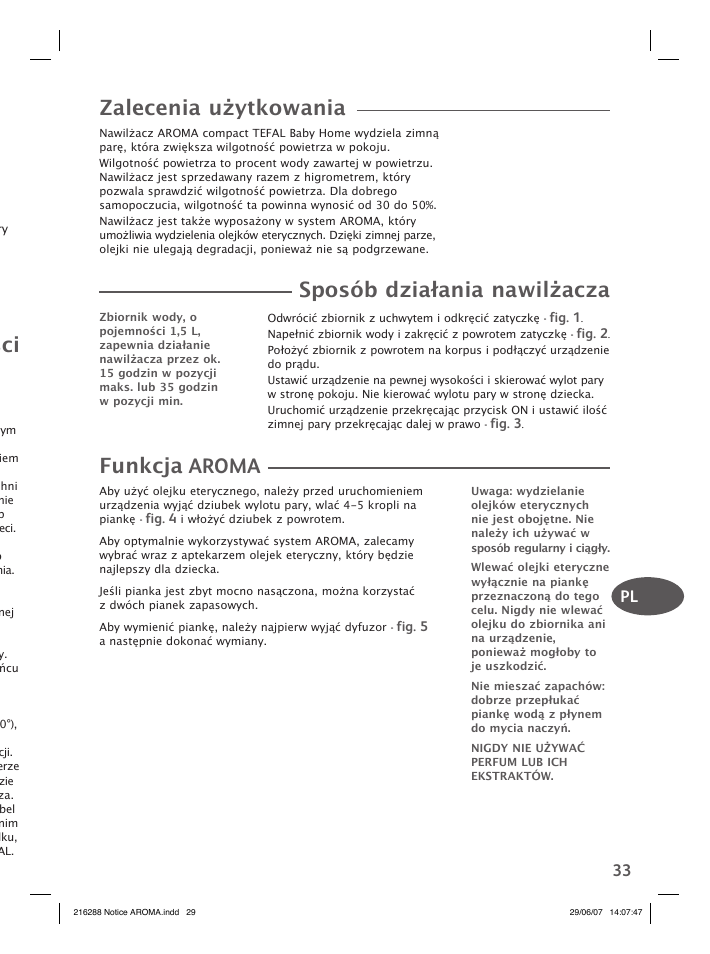 Zalecenia użytkowania, Sposób działania nawilżacza, Funkcja aroma | Groupe SEB USA - T-FAL Compact Humidifier User Manual | Page 31 / 50