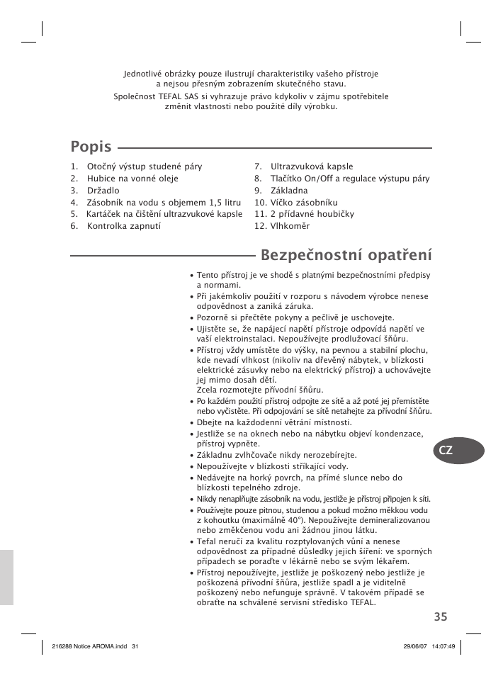 Popis, Bezpečnostní opatření | Groupe SEB USA - T-FAL Compact Humidifier User Manual | Page 33 / 50