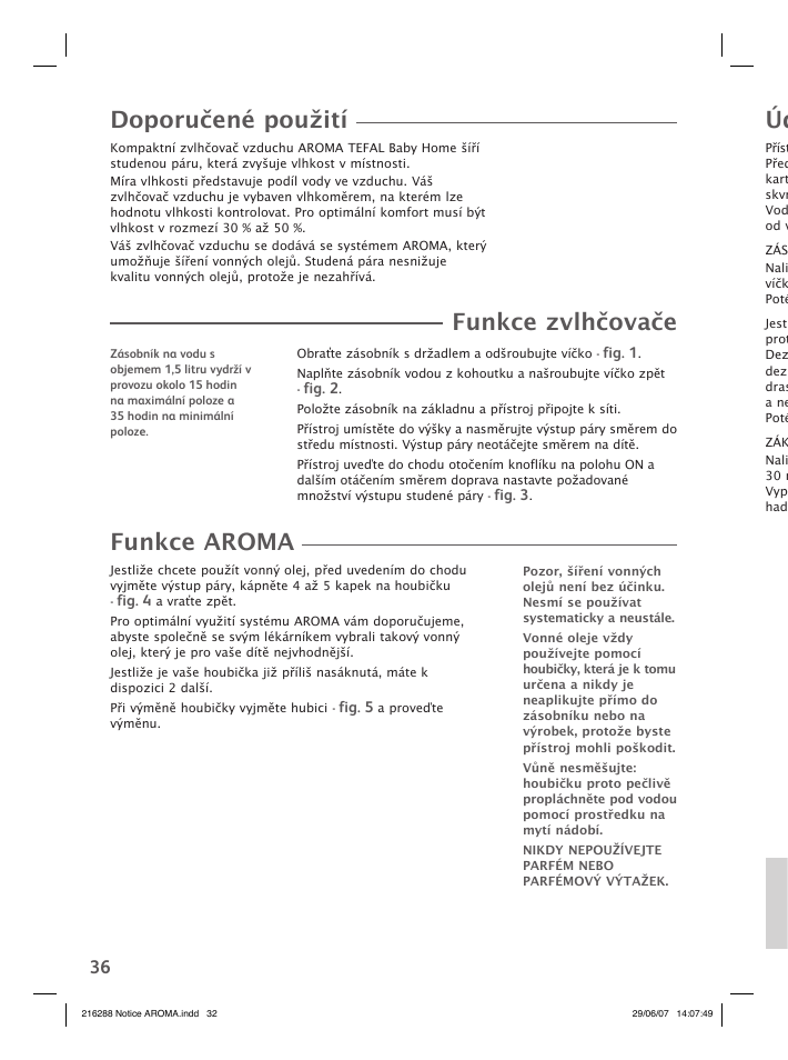 Doporučené použití, Funkce zvlhčovače, Funkce aroma | Groupe SEB USA - T-FAL Compact Humidifier User Manual | Page 34 / 50
