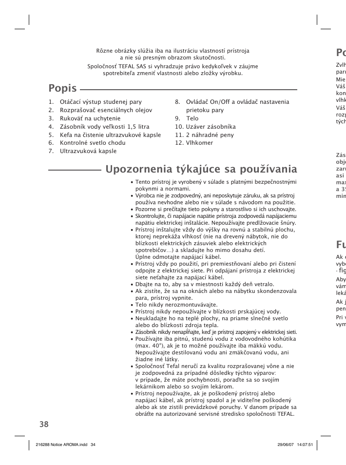 Popis, Upozornenia týkajúce sa používania | Groupe SEB USA - T-FAL Compact Humidifier User Manual | Page 36 / 50