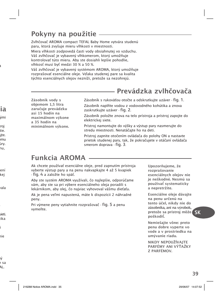 Pokyny na použitie, Prevádzka zvlhčovača, Funkcia aroma | Groupe SEB USA - T-FAL Compact Humidifier User Manual | Page 37 / 50