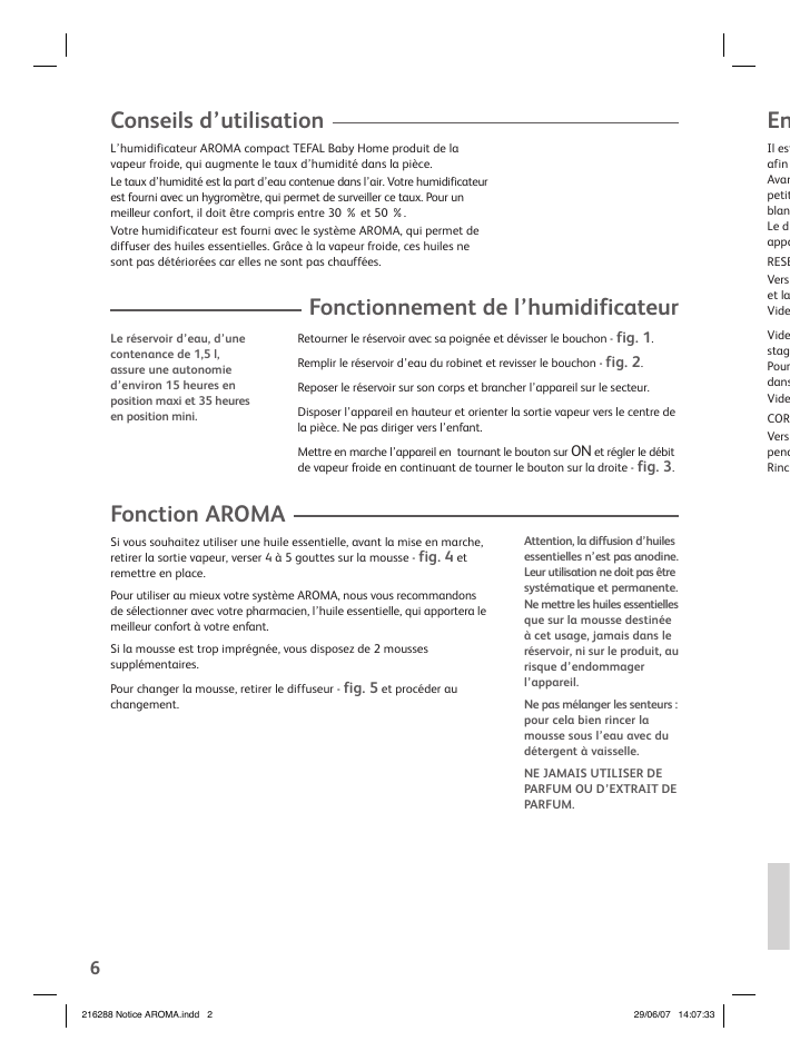 Conseils d’utilisation, Fonctionnement de l’humidificateur, Fonction aroma | Groupe SEB USA - T-FAL Compact Humidifier User Manual | Page 4 / 50