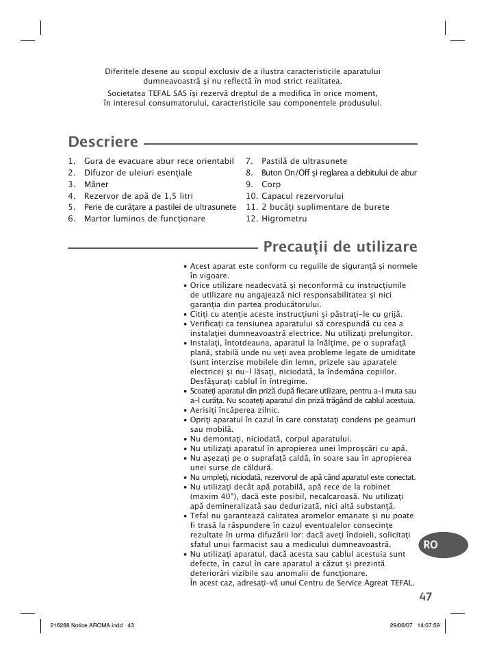 Descriere, Precauţii de utilizare | Groupe SEB USA - T-FAL Compact Humidifier User Manual | Page 45 / 50