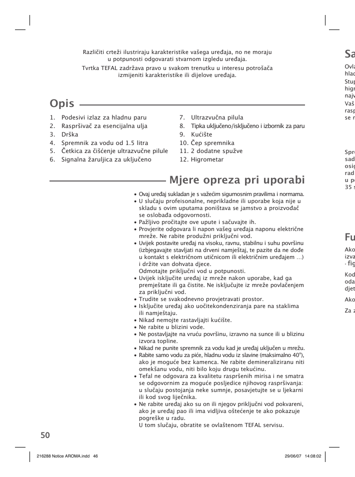 Opis, Mjere opreza pri uporabi | Groupe SEB USA - T-FAL Compact Humidifier User Manual | Page 48 / 50