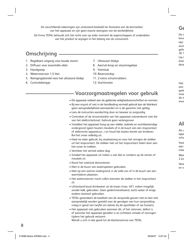 Omschrijving, Voorzorgmaatregelen voor gebruik | Groupe SEB USA - T-FAL Compact Humidifier User Manual | Page 6 / 50