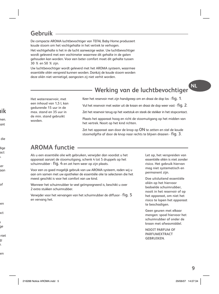 Gebruik, Werking van de luchtbevochtiger, Aroma functie | Nl 9 | Groupe SEB USA - T-FAL Compact Humidifier User Manual | Page 7 / 50