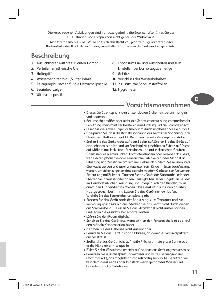 Beschreibung, Vorsichtsmassnahmen, 11 d | Groupe SEB USA - T-FAL Compact Humidifier User Manual | Page 9 / 50