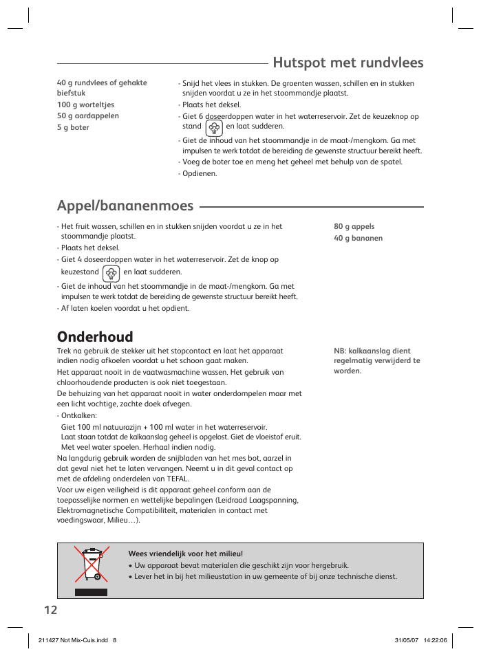 Hutspot met rundvlees, Appel/bananenmoes, Onderhoud | Groupe SEB USA - T-FAL Steamer Blender User Manual | Page 10 / 30