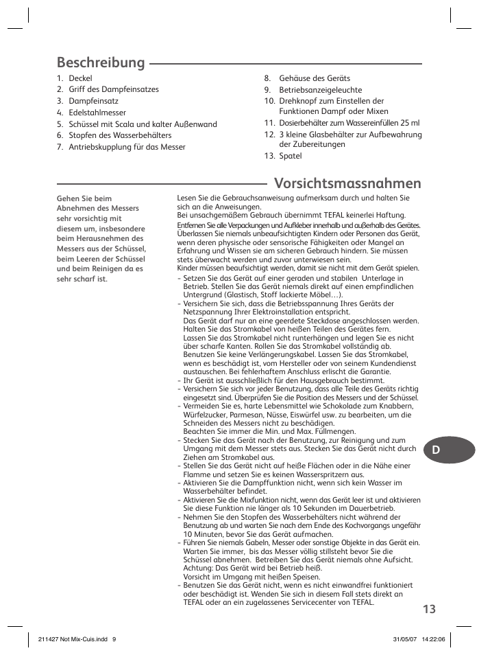 Vorsichtsmassnahmen, Beschreibung | Groupe SEB USA - T-FAL Steamer Blender User Manual | Page 11 / 30