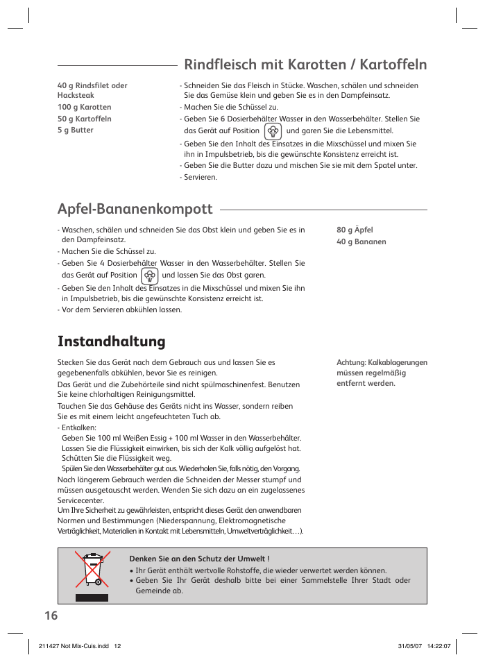 Rindfleisch mit karotten / kartoffeln, Apfel-bananenkompott, Instandhaltung | Groupe SEB USA - T-FAL Steamer Blender User Manual | Page 14 / 30