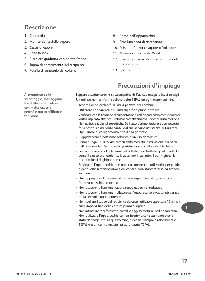 Precauzioni d’impiego, Descrizione | Groupe SEB USA - T-FAL Steamer Blender User Manual | Page 15 / 30