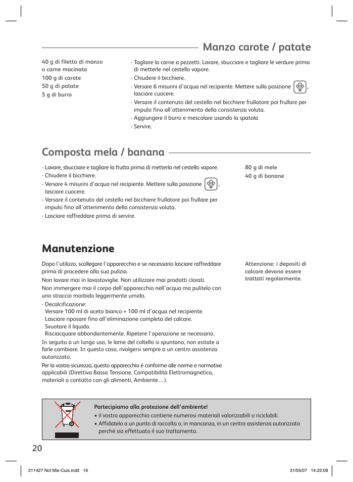 Manzo carote / patate, Composta mela / banana, Manutenzione | Groupe SEB USA - T-FAL Steamer Blender User Manual | Page 18 / 30