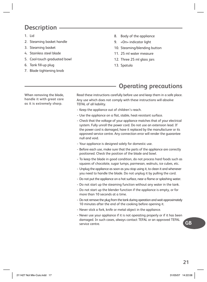 Operating precautions, Description | Groupe SEB USA - T-FAL Steamer Blender User Manual | Page 19 / 30
