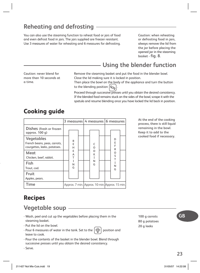Reheating and defrosting, Using the blender function, Cooking guide | Recipes vegetable soup, Gb 23 | Groupe SEB USA - T-FAL Steamer Blender User Manual | Page 21 / 30